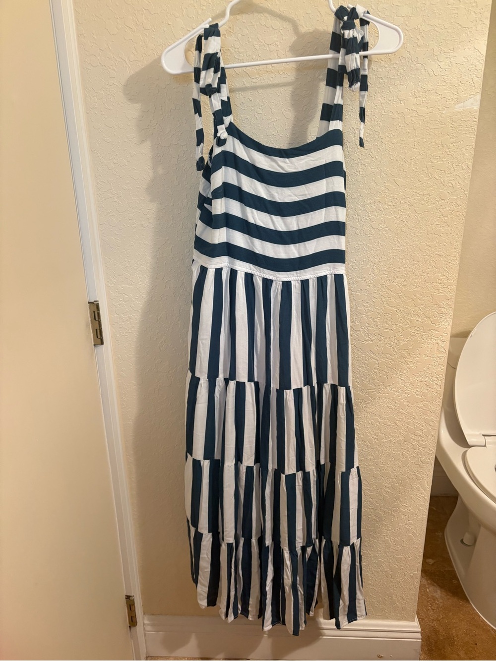 Amazon Essentials Navy and White Striped Tie-Shoulder Maxi Dress